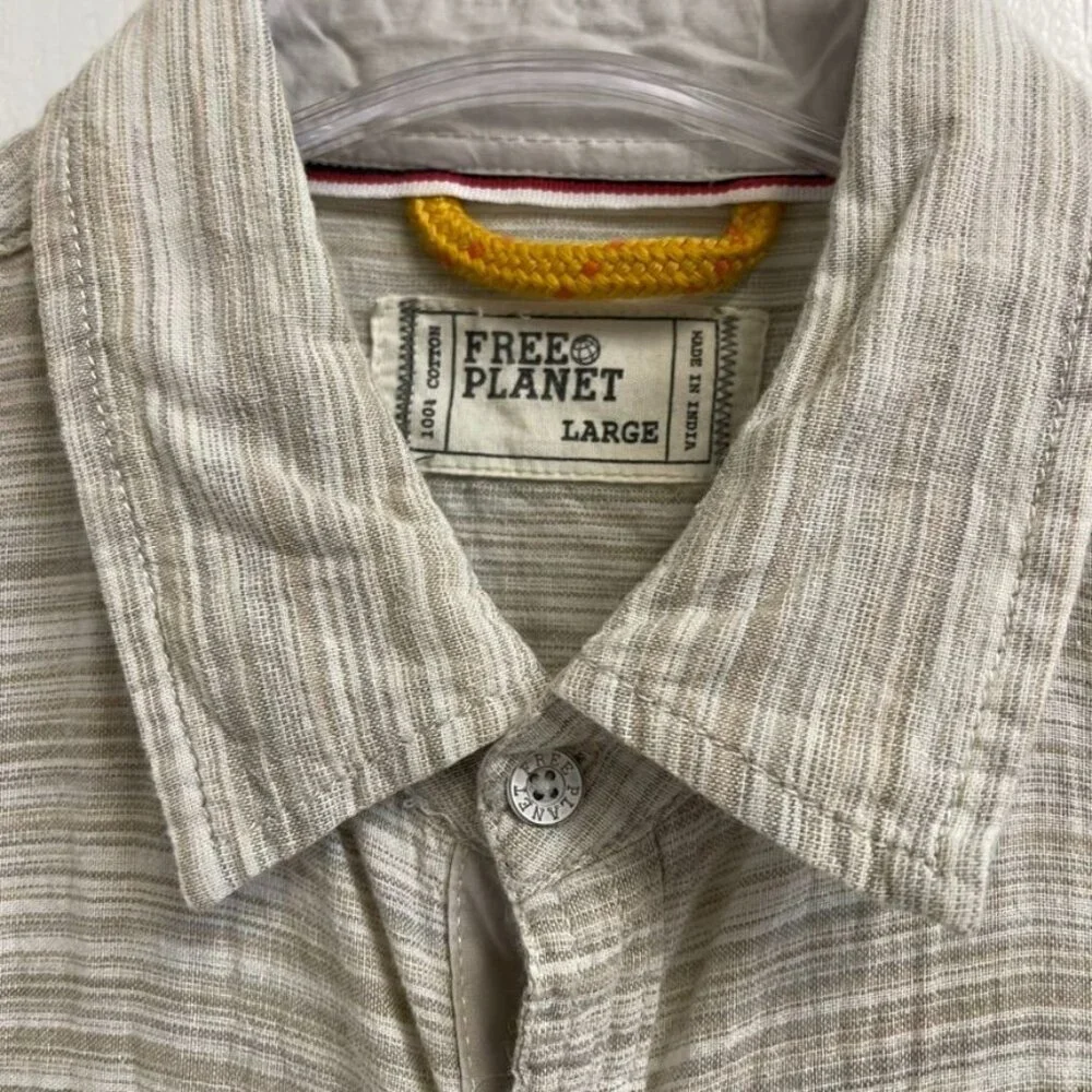 Free Planet Men's Beige Cotton Shirt Button-Down Striped Short Sleeve Large - Picture 2 of 6